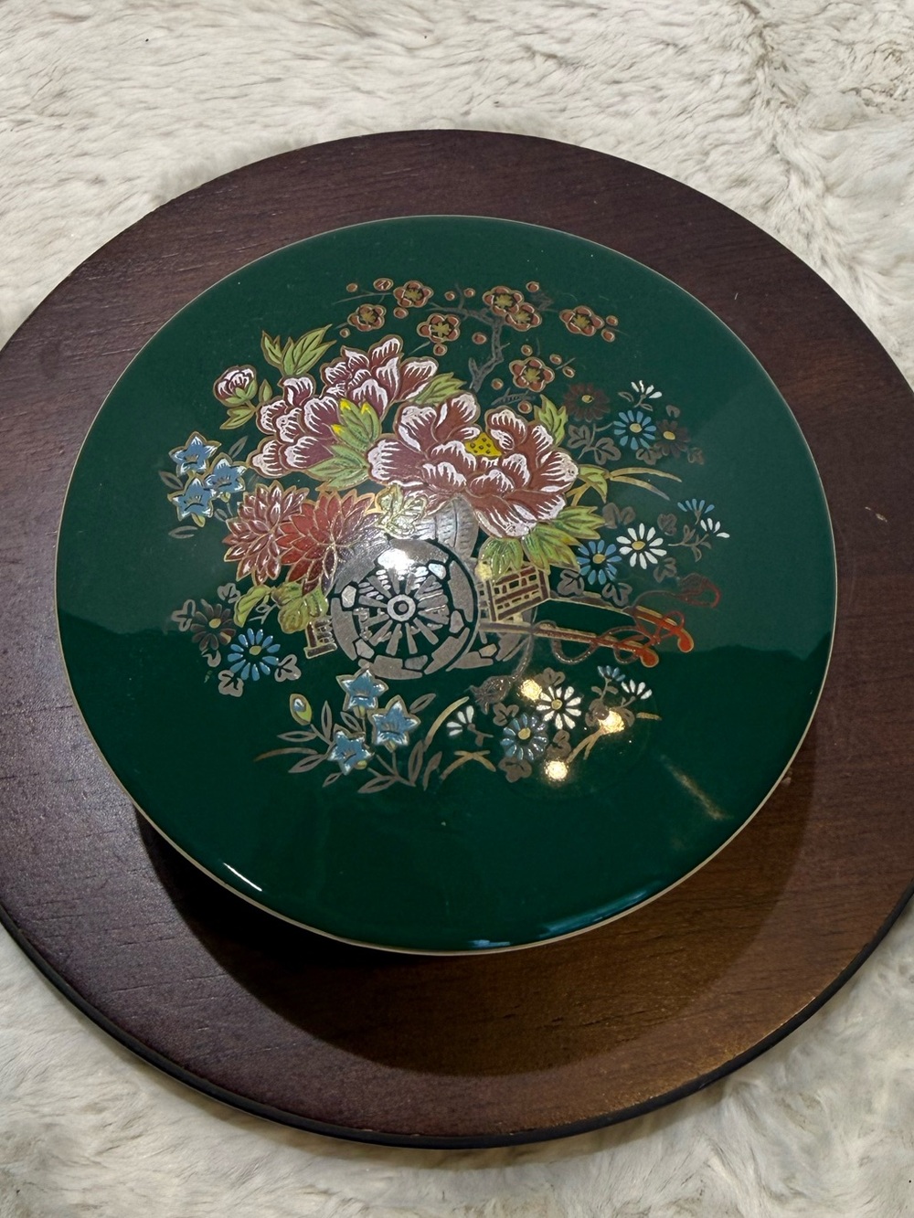 Vintage Sato Gordon porcelain Japanese emerald green trinket box with florals
